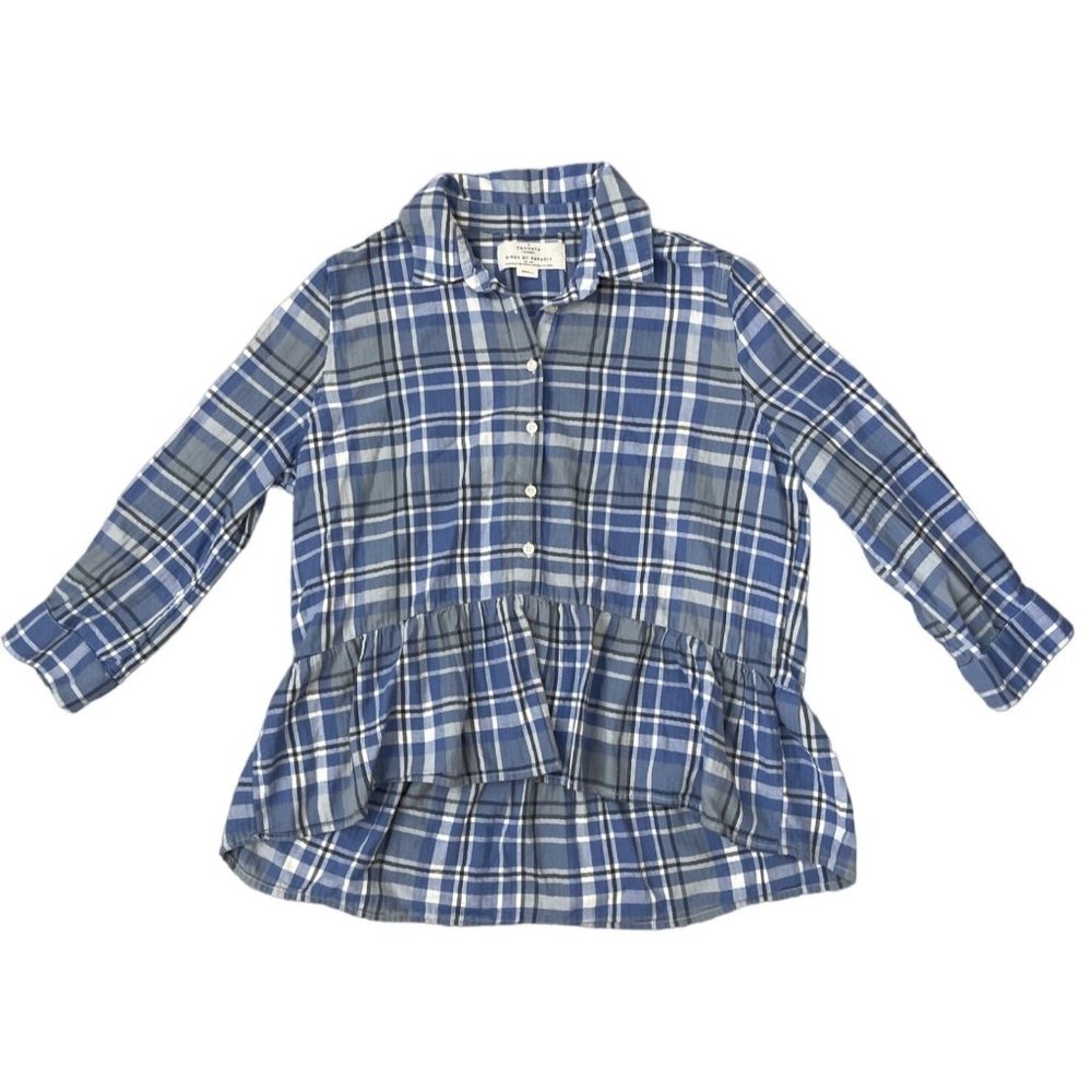 Trovata Birds of Paradis Plaid Button Peplum Blouse‎ High Low Blue Size S